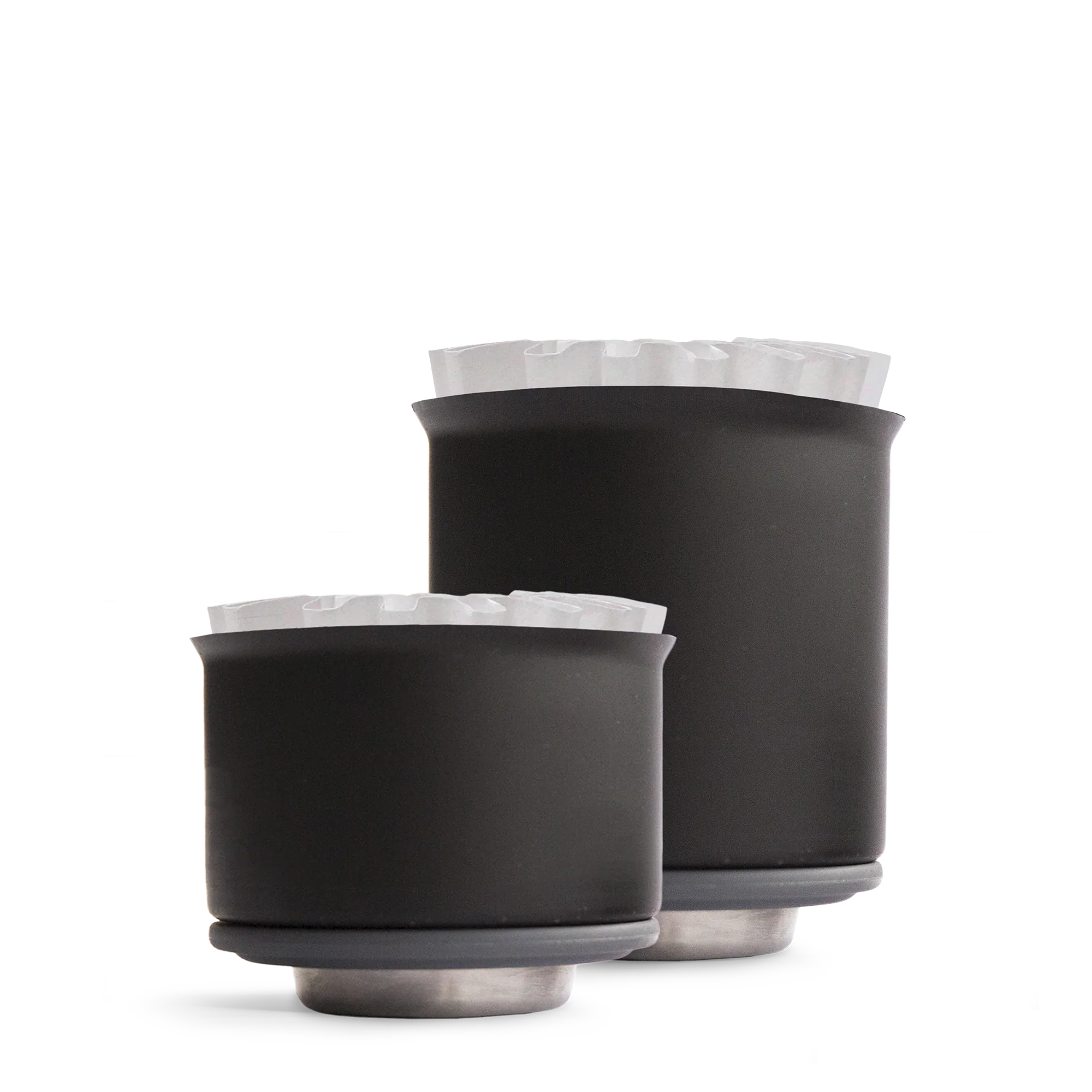A double-walled steel pour-over dripper with a flat base, shown from the side.